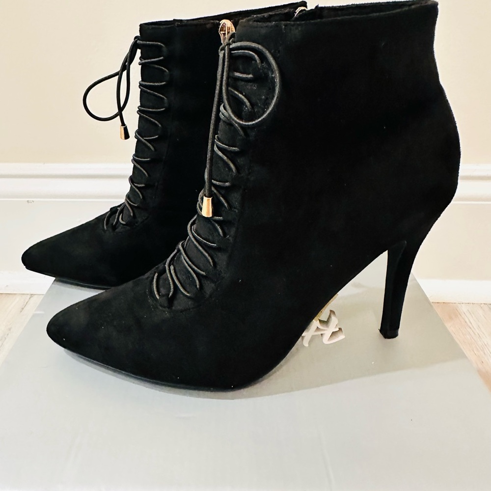 Herstyle Black Heeled Boots-Suede with Lace-Up Design